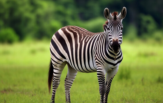 Image of a zebra in the savannah. Portrait of zebra in the wild. Wildlife image of a zebra standing in a green grassland.