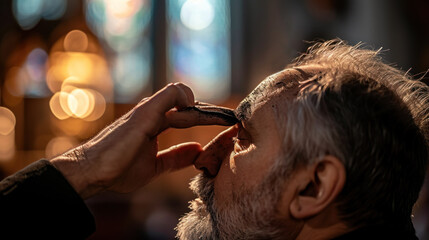 Ash is applied in the shape of a cross on the forehead of each worshipper. Ash Wednesday, in Western Christianity, the first day of Lent - obrazy, fototapety, plakaty