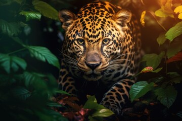 a jaguar is sneaking out from the bushes in a forest