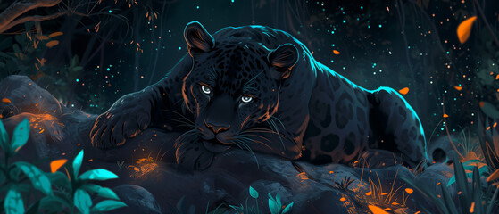 Black Jaguar Resting Under Starlit Sky - obrazy, fototapety, plakaty