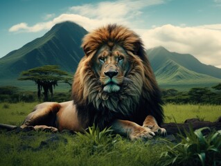 a lion laying on a green field with the view of mountains and sky
