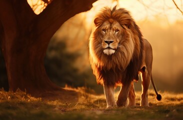 a lion standing on some grass near a lake in a forest in sunset