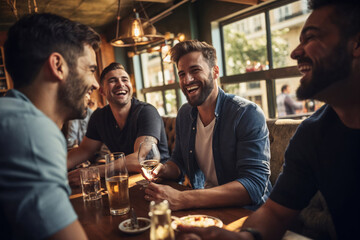 A group of male friends hanging out in a bar, or a restaurant, talking and laughing, enjoying their time together.
