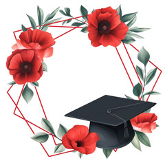 geometric frame with red flowers and a graduate's cap on a transparent background