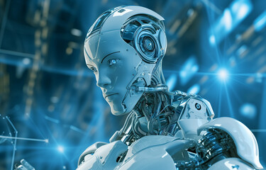 Fototapeta premium Head of humanoid metal robot on abstract technological background. Concept of technical progress and artificial technology.