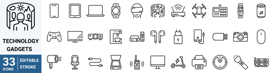 Technology and gadgets web line icons. Personal Devices Related Vector Line Icons. Tablet, laptop, phone, console, Smart Watch and more. Editable Stroke.