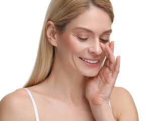 Beautiful woman with healthy skin on white background