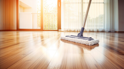 Modern microfiber mop cleaning the house floor, clean wood parquet, perfect cleanser tool - obrazy, fototapety, plakaty