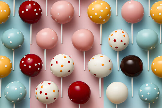 Seamless pattern of colorful cake pops on a pastel background. Festive image for catering service menu for weddings or celebrations. Holiday concept.