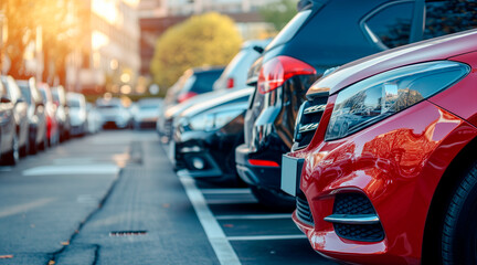 Fototapeta premium Car parked at outdoor parking lot. Used car for sale and rental service. Car insurance background. Automobile parking area. 