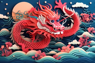 Intricate paper-cut design chinese zodiac dragon with clouds and sea in the background, layered paper craft chinese dragon for chinese new year celebration