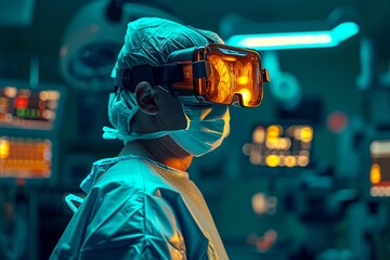 Surgeon wearing virtual reality goggles in operating room .Ai Generate