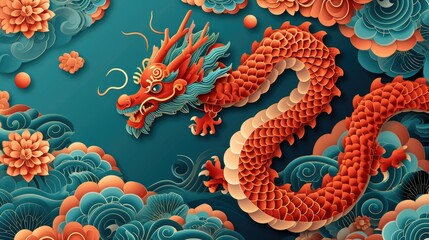 Lively paper-cut masterpiece chinese zodiac dragon with clouds and sea in the background, layered paper craft chinese dragon for chinese new year celebration