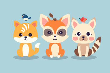 A set of cute cartoon animals. Vector flat images of animals for postcards, invitations, textiles, thermal printing, various types of printing.