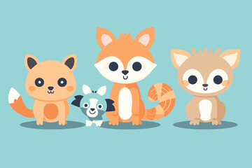 Obraz premium A set of cute cartoon animals. Vector flat images of animals for postcards, invitations, textiles, thermal printing, various types of printing.