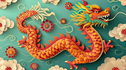 Colorful paper-cut design chinese zodiac dragon with clouds and sea in the background, layered paper craft chinese dragon for chinese new year celebration
