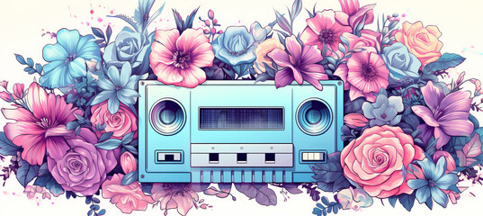 Retro floral cassette in pastel retro wave style vintage music tape with flower pattern