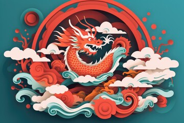 Vivid paper cut craft chinese zodiac dragon with clouds and sea in the background, layered paper craft chinese dragon for chinese new year celebration