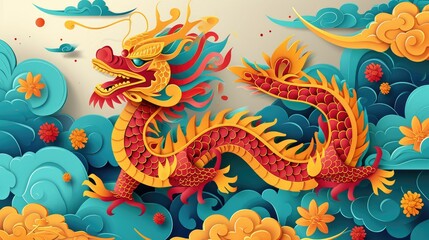 Colorful paper cut craft chinese zodiac dragon with clouds and sea in the background, layered paper craft chinese dragon for chinese new year celebration