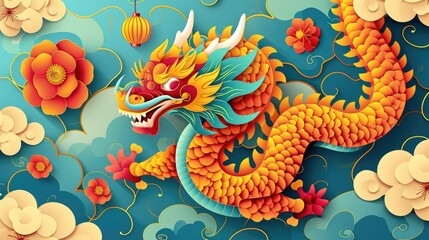 Intricate paper cut craft chinese zodiac dragon with clouds and sea in the background, layered paper craft chinese dragon for chinese new year celebration - obrazy, fototapety, plakaty