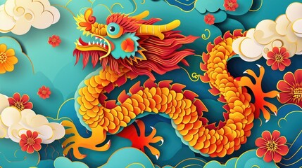 Colorful paper-cut masterpiece chinese zodiac dragon with clouds and sea in the background, layered paper craft chinese dragon for chinese new year celebration