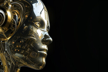 Obraz premium Humanoid robot head made of shiny black metal on black background with space for text. Concept of technical progress and artificial technology. Copy space.