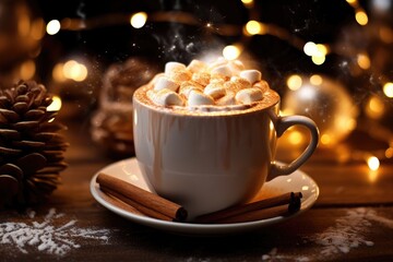 A steaming cup of hot chocolate with marshmallows on top.
