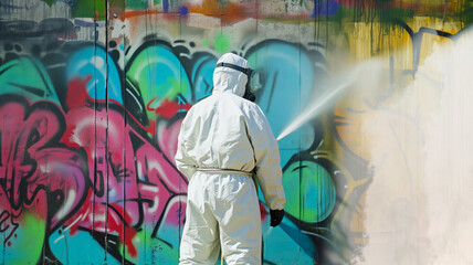 une personne de dos, en combinaison de protection, nettoie un mur de graffitis au jet haute pression