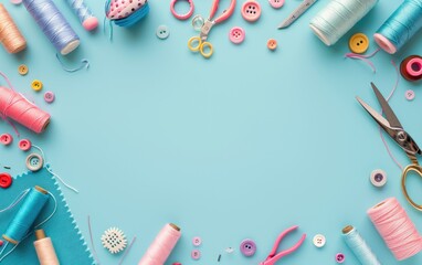 Set of threads, buttons, scissors, fabric and sewing accessories on a pastel color background, flat lay with space for copy