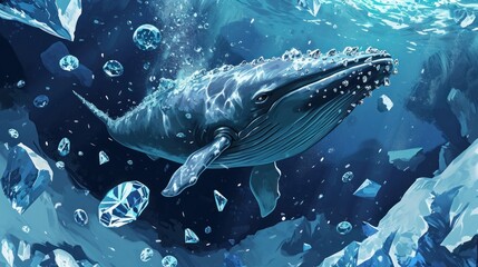 A big whale representing a bitcoin, with big diamonds - obrazy, fototapety, plakaty