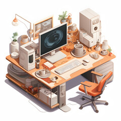 isometric work space which has a computer, table and chairs for working, very suitable for office theme design, isolated on white.