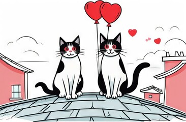 Watercolor. Cute black kittens are sitting on the roof. Date. Balloons. Red heart. Valentine's card. Mart