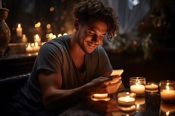 A man sits at home in a romantic setting by candlelight, writes a message to his beloved - obrazy, fototapety, plakaty