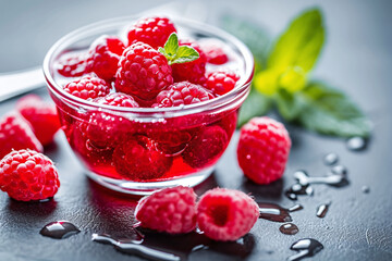 Fresh raspberries in sweet syrup with a bowl