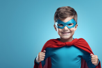 Joyful child in superhero costume on blue background