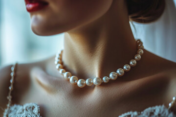 Pearl beads on the fragile neck of the bride, festive decorations. - obrazy, fototapety, plakaty