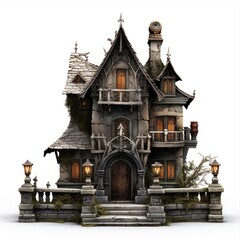 Scary house isolated on white background. Creepy haunted mansion. Spooky Halloween villa
