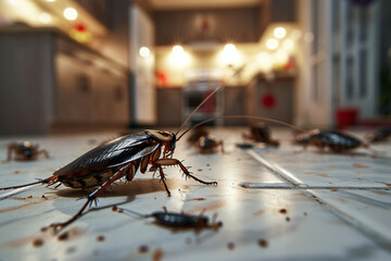Cockroaches running across the dirty floor in the kitchen