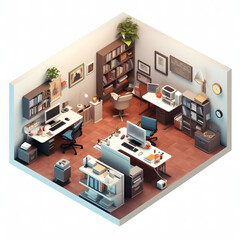 isometric work space which has a computer, table and chairs for working, very suitable for office theme design, isolated on white.