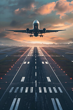 Commercial Airplane Taking Off at Sunset on Runway, An airplane ascending from the runway at dusk
