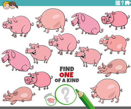 one of a kind activity with cartoon pigs farm animals