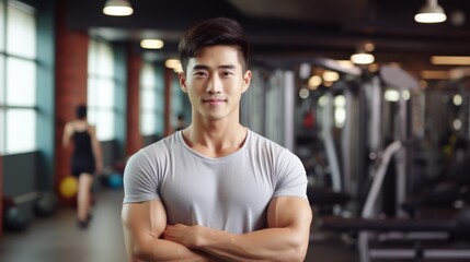 Obraz premium Asian young male fitness trainer in the gym