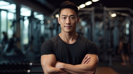 Fototapeta premium Asian young male fitness trainer in the gym