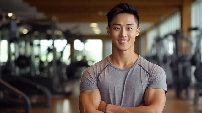 Asian young male fitness trainer in the gym
