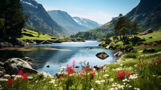 A sunlit fjord, with reflections dancing on the water as the background, during the vibrant spring bloom