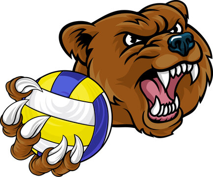 A grizzly bear volleyball animal sports mascot holding a volley ball in his claw