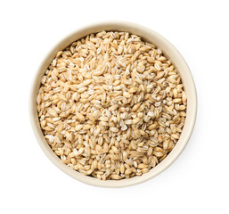Dry pearl barley in bowl isolated on white, top view