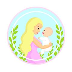 blonde  mother with baby ,plants in a circle