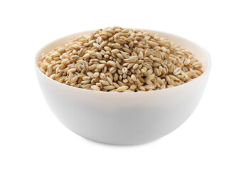 Dry pearl barley in bowl isolated on white