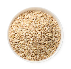 Dry pearl barley in bowl isolated on white, top view
